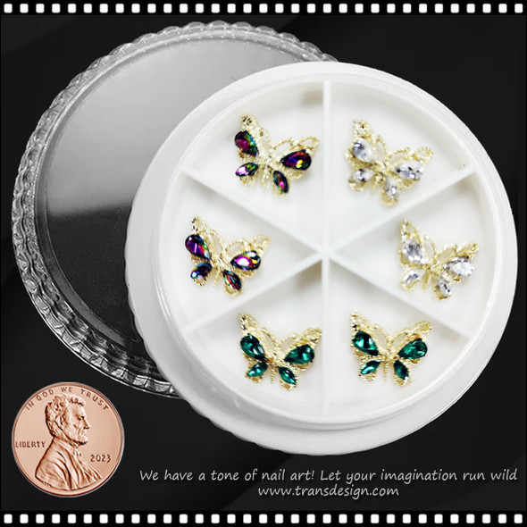 NAIL CHARM RHINESTONE Gold Butterfly in AB, Clear, & Green 6/Case 