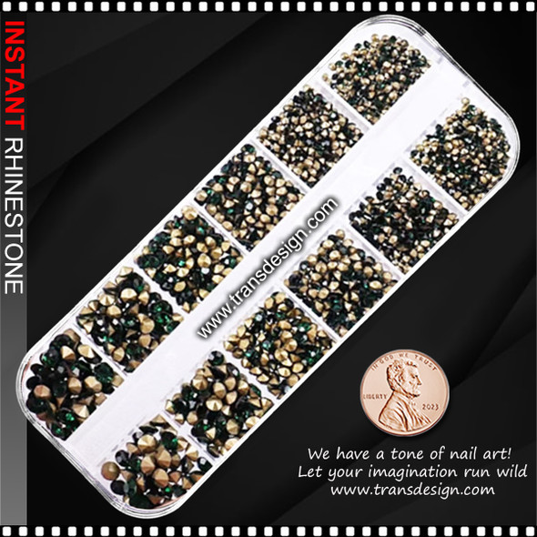 RHINESTONE CRYSTAL Round, Dark Green Assorted 12 Grids/Case  #ZSHZ-821