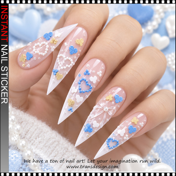5D NAIL STICKER – BLUE, WHITE & YELLOW HEARTS, 2/PACK