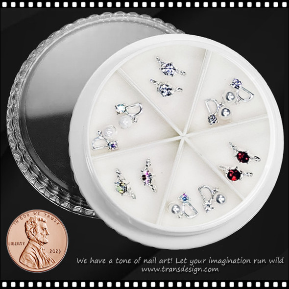 NAIL CHARM RHINESTONE & PEARL Japanese Style Mixed Silver 12/Wheel