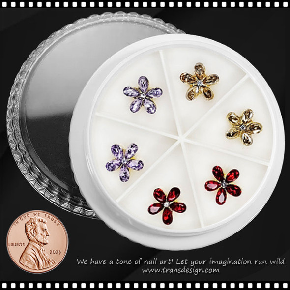NAIL CHARM RHINETONE Flower, Assorted Color 6//Wheel