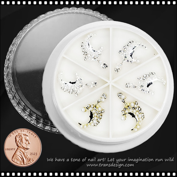 NAIL CHARM RHINESTONE & PEARL Gold , Silver, Star Moon 6/Wheel