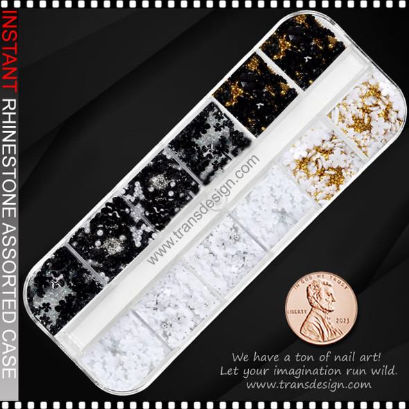 NAIL CHARM RESIN Macaron Flower Black & White with Silvery Caviar Beads Case *