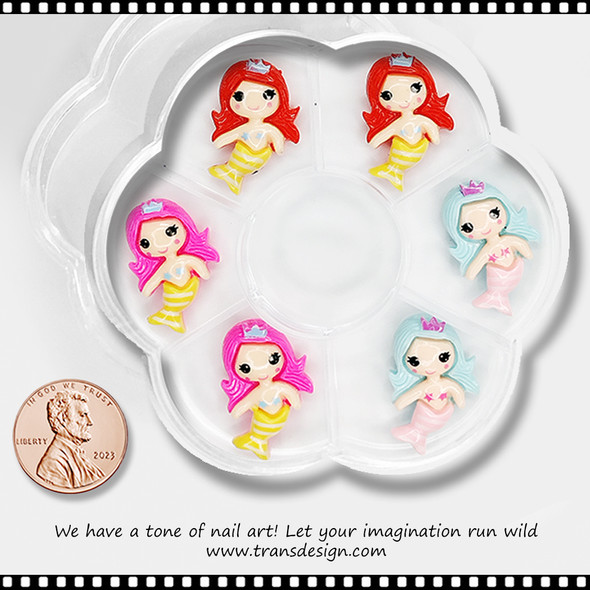 NAIL CHARM RESIN Red, Hot Pink, Teal Cute Mermaid 6/Case