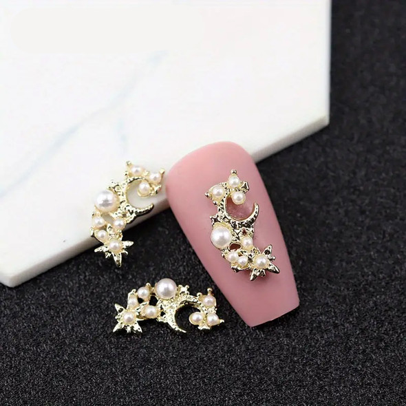 NAIL CHARM RHINESTONE & PEARL Gold Design  6/Case