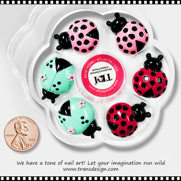 NAIL CHARM RESIN Pink, Teal, & Red Ladybug 6/Case