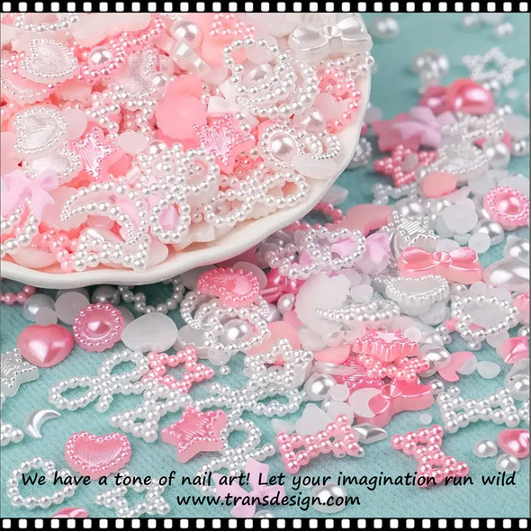NAIL CHARM RESIN White And Pink Heart, Star, Bows, Round Pearls  ~ 300/Pack
