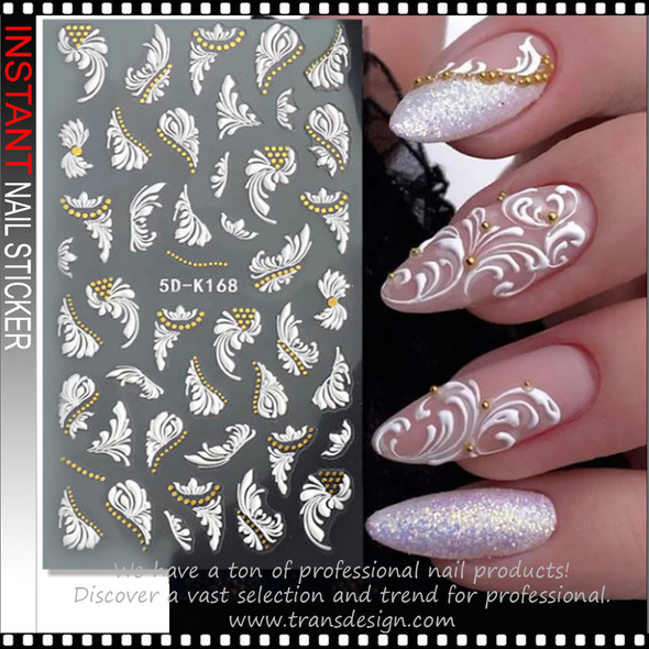 NAIL STICKER 3D Embossed White Floral & Swirl Pattern #5D-K168