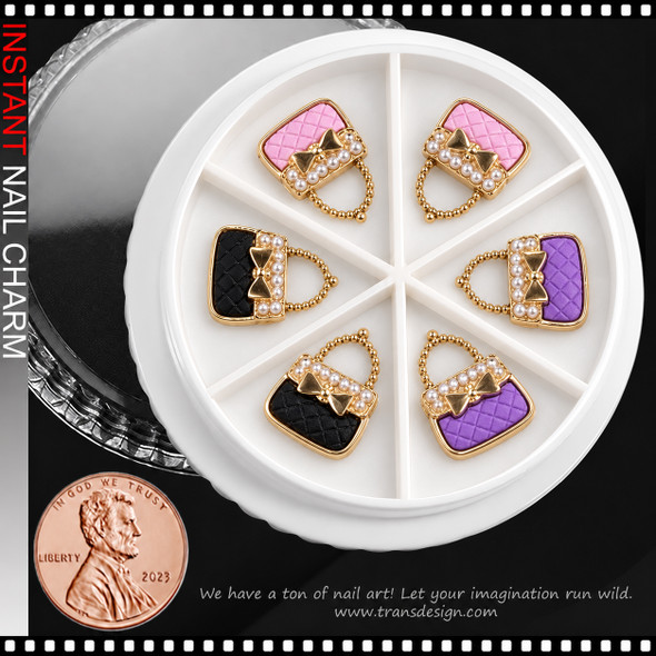 NAIL CHARM ALLOY & PEARL QUILTED PURSE MIX – PURPLE, PINK & BLACK, 6/CASE