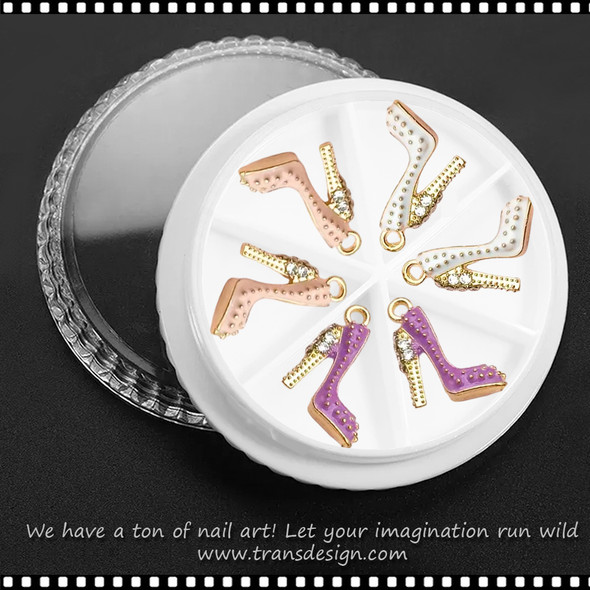 NAIL CHARM ALLOY & RHINESTONE Enamel High Heels White, Pink, & Purple 6/Case