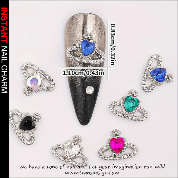 NAIL CHARM RHINESTONE Silver Global Planet Clear, Pink, Green Heart 6/Case 