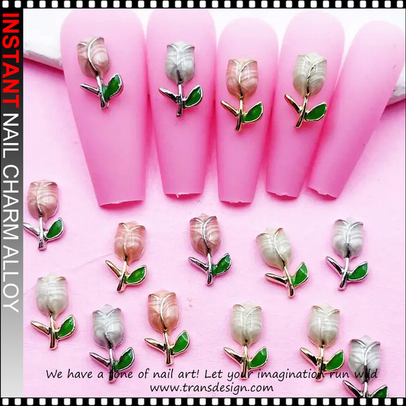 NAIL CHARM ALLOY Tulip Flower White & Pink 12/Case