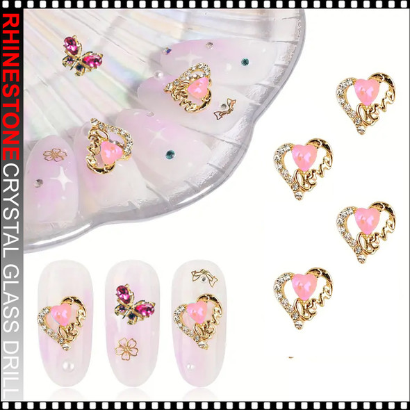 NAIL CHARM RHINESTONE Pink Heart & Butterfly 6/Case *