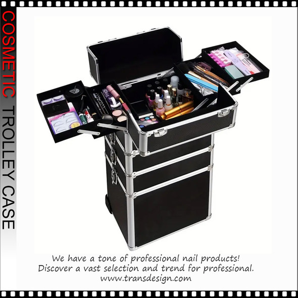 COSMETIC CASE Rolling, 4 Tray, 3 in 1 Large, Aluminum Black.