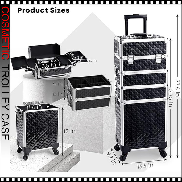COSMETIC CASE Rolling, 4 Tray, 3 in 1 Large, Aluminum, Textured Black