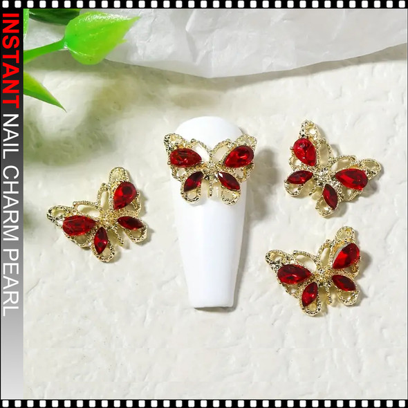 NAIL CHARM RHINESTONE Green, Black, Red Butterfly 6/Case
