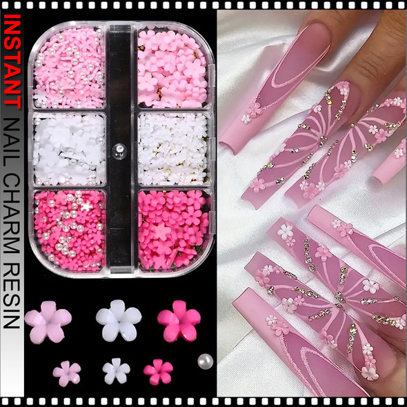 NAIL CHARM RESIN 3D Floral, Golden Beads & Pearls  6 Grids
