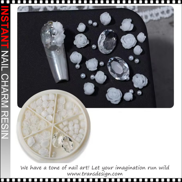 NAIL CHARM RHINESTONE Crystal White Roses/Case #9