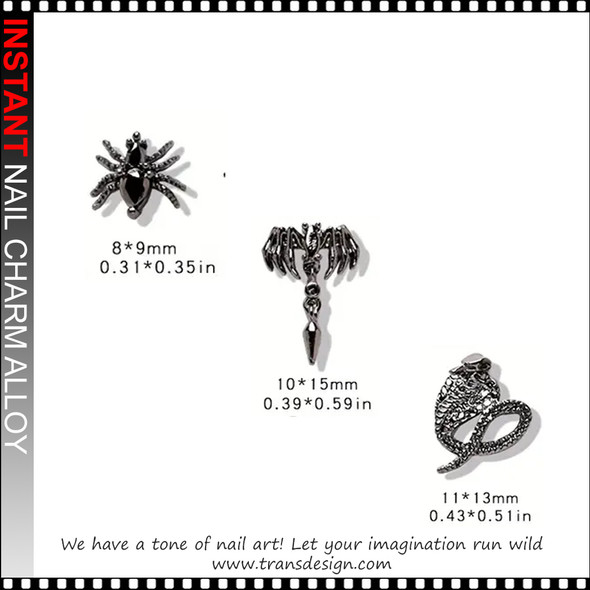 NAIL CHARM ALLOY Silver Cobra, Spider, Bat 6/Case