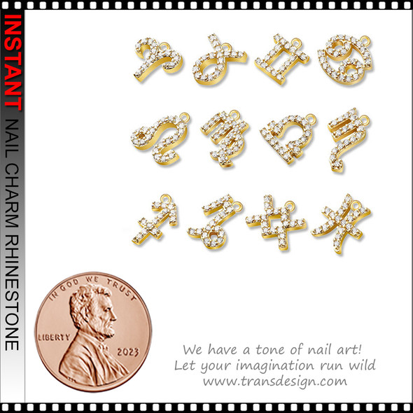 NAIL CHARM RHINESTONE Gold Zodiac with Rings 12/Case