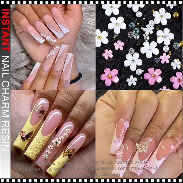 NAIL CHARM RESIN Mixed Pink White Flower with Golden Silvery Beads