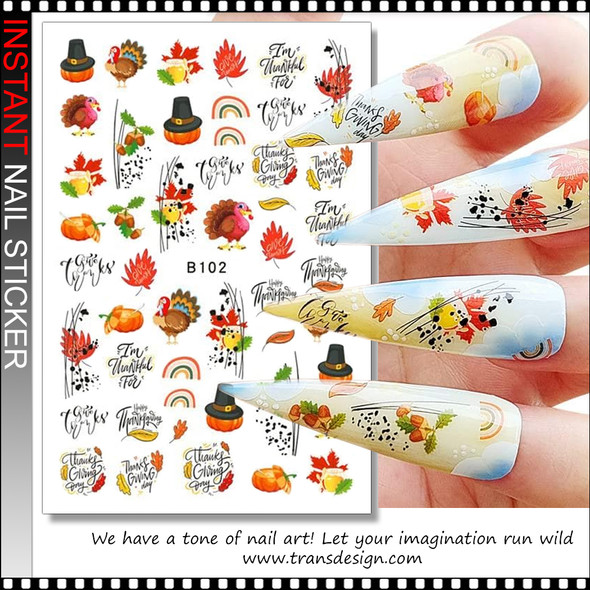 NAIL STICKER Fall, Thanksgiving, Leaf, Pumpkin with Hat, Turkey #B102