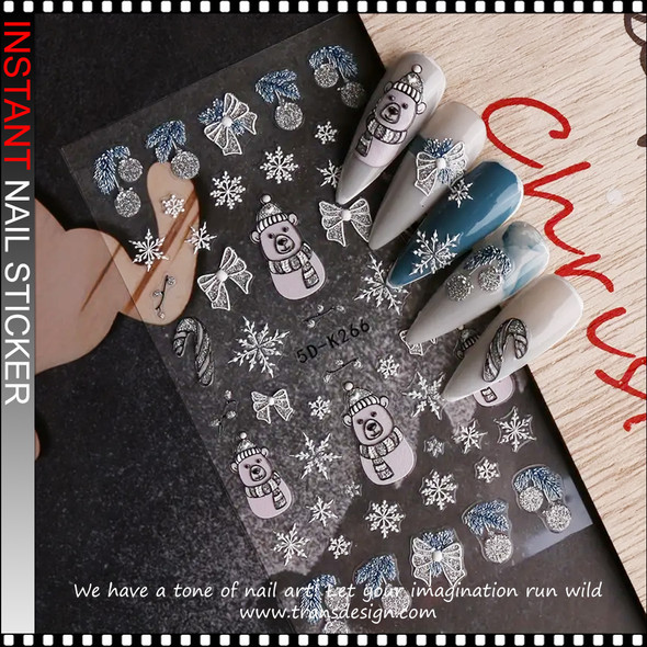 NAIL STICKER 3D Christmas, Silver Candy Cane, Bows, Snowflake, Snowman #5D-K266