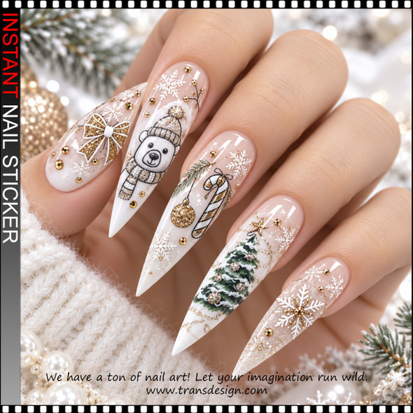 5D NAIL STICKER – CHRISTMAS POLAR BEARS, GOLD CANDY CANES, BOWS & SNOWFLAKES #5D-K266