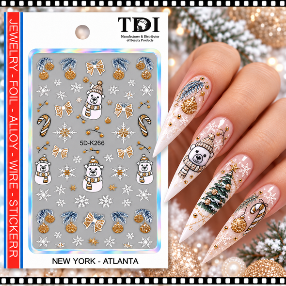5D NAIL STICKER – CHRISTMAS POLAR BEARS, GOLD CANDY CANES, BOWS & SNOWFLAKES #5D-K266