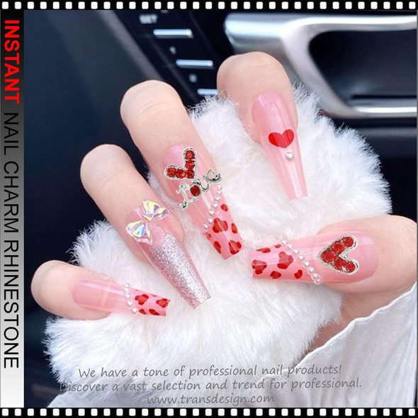 NAIL CHARM RHINESTONE Silver Heart with Love Letter 6/Case
