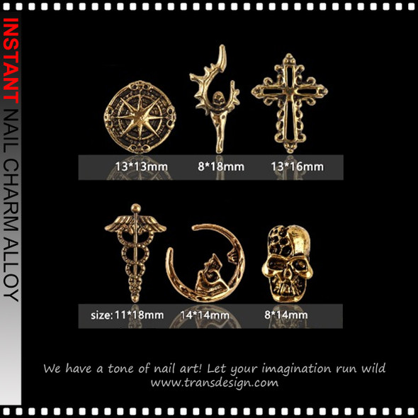 NAIL CHARM ALLOY Gold Crescent Moons, Skulls with Bows, Curved Dagger-like Elements