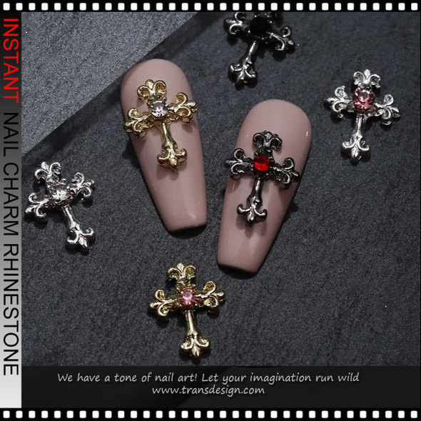 NAIL CHARM RHINESTONE Silver Decorated Cross With Red, Clear & Pink Rhinestone 6/Case
