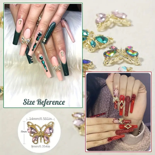 NAIL CHARM RHINESTONE Gold Butterfly in Blue, Red, & Clear 6/Case