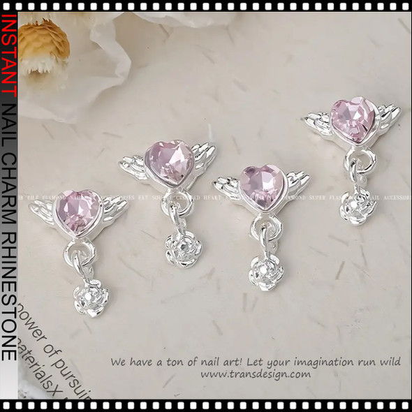 NAIL CHARM RHINESTONE Silver Heart, Pink, Dangling 6/Case