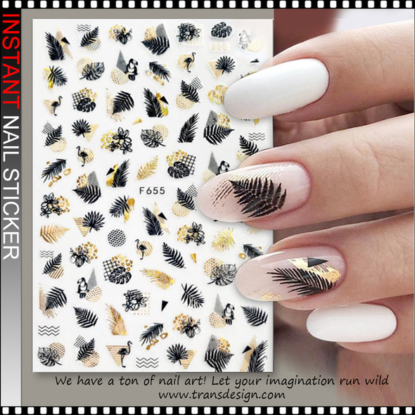 NAIL STICKER Black & Gold, Fern leaves, Flamingos, Geometric patterns, Flowers, and Abstract designs # F655