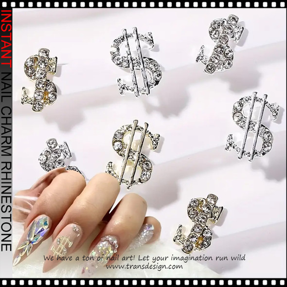 NAIL CHARM RHINESTONE Silver and Pink Dollar Sign Large & Small 6/Case