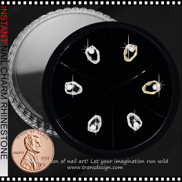 NAIL CHARM PEARL Gold and Silver Irregular, Organic-shaped Frame with Pearl 6/Case