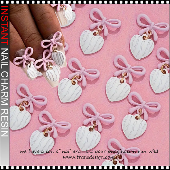 NAIL CHARM RHINESTONE Pink Rose, Heart with Bows Dangling 6/Case #2