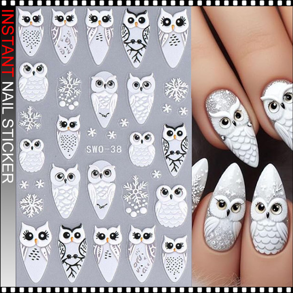 NAIL STICKER 3D Elegant White Owls #SWO-38