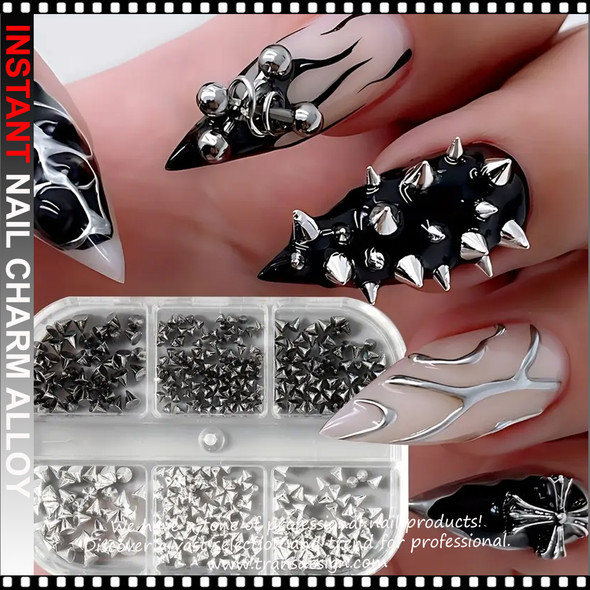 NAIL CHARM ALLOY Spike Studs, Cone Shaped Black & Silvery 6 Grid