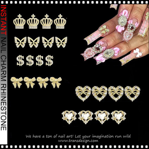 NAIL CHARM RHINESTONE Gold Bow,  Butterfly, Heart, Dollar Sign 12/Case