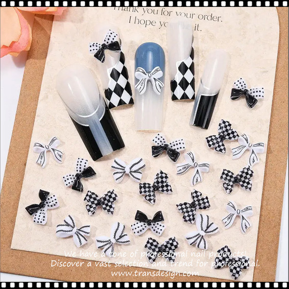NAIL CHARM RESIN Trendy Black & White Checkered Bow 50/Case 