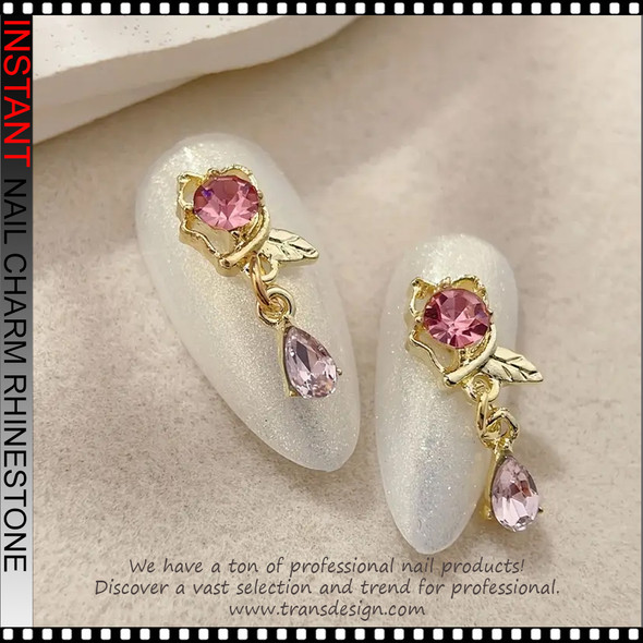 NAIL CHARM RHINESTONE  Golden White & Pink Flower 6/Case 