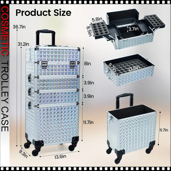 COSMETIC CASE Rolling, 4 Tray, 3 in 1 Large, Aluminum Colorful Silvery