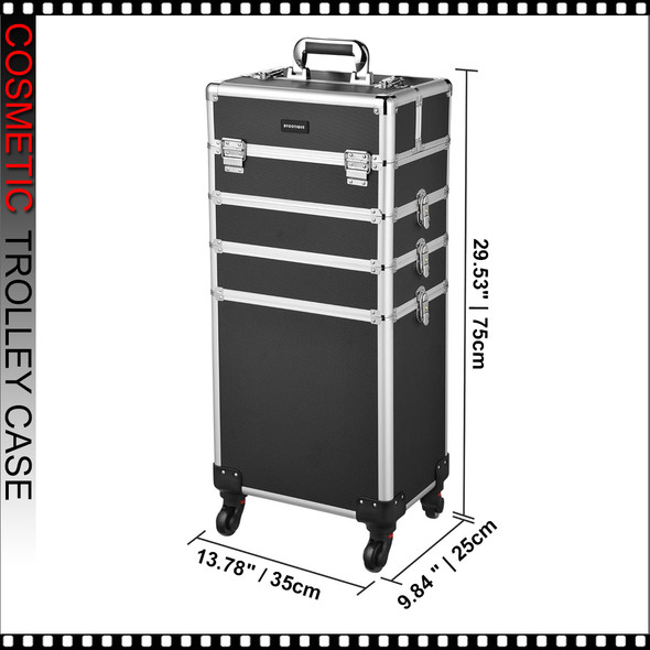 COSMETIC CASE Rolling, 4 Tray, 3 in 1 Large, Aluminum Polka Dots Black