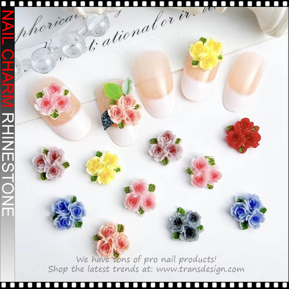 NAIL CHARM RESIN Mini Colorful Three-leaf Rose Flat Back Flower Figurines 14/Case