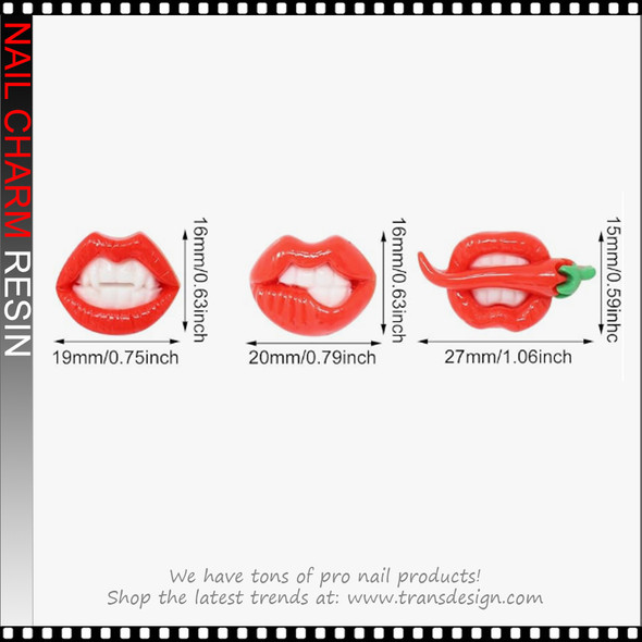 NAIL CHARM RESIN Sexy Red Lip Flatback 6/Case
