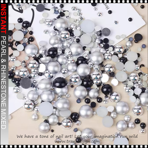 HALF BEAD PEARL & RHINESTONE Mixed 3-10mm Silvery & Black 7 Grids *
