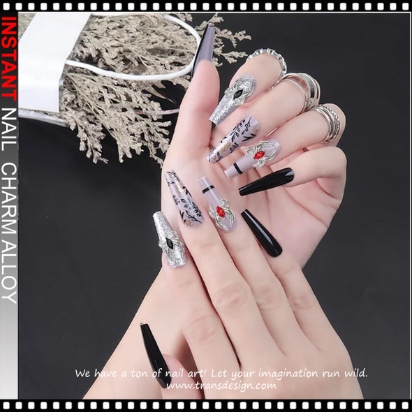 NAIL CHARM ALLOY Metallic Red Spiders & Gothic Black Bat 6/Case 