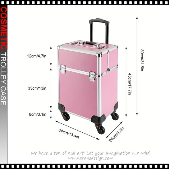 COSMETIC TROLLEY CASE with 4-Tier Trays & 4 Wheels & Secure Lock, Pink